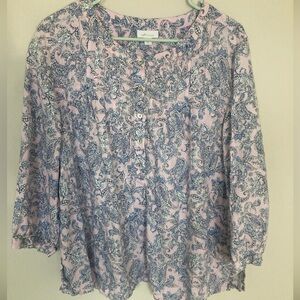 J JIll Love Linen Blouse Womens Plus 2X Lavender Blue Paisley 100% Linen